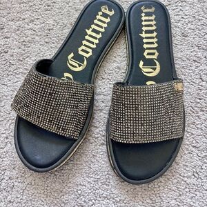 Juicy Couture Rhinestone Slide Sandals Black Glam Y2K Sparkle Slides Size 8 8.5